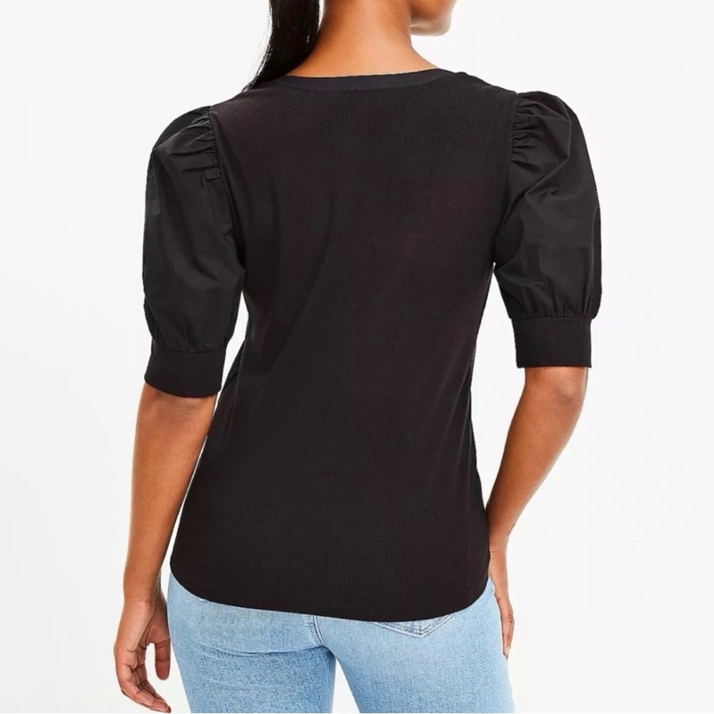 LOFT black puff sleeve ribbed Henley, size M - Picture 2 of 5